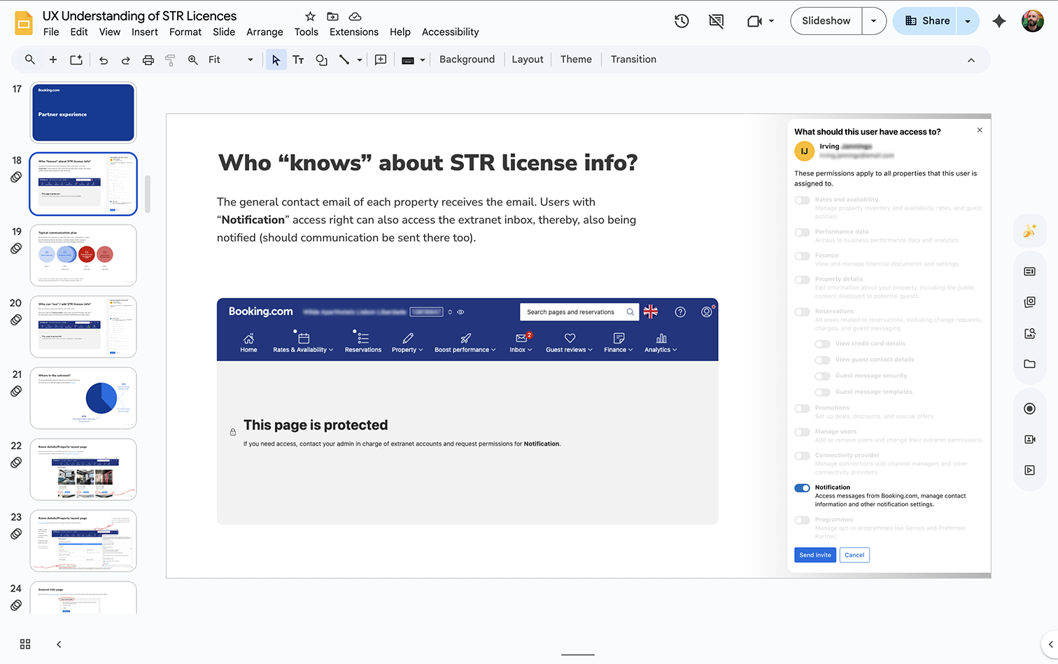 A screenshot of Google Slide presentation with images of Booking.com's extranet.